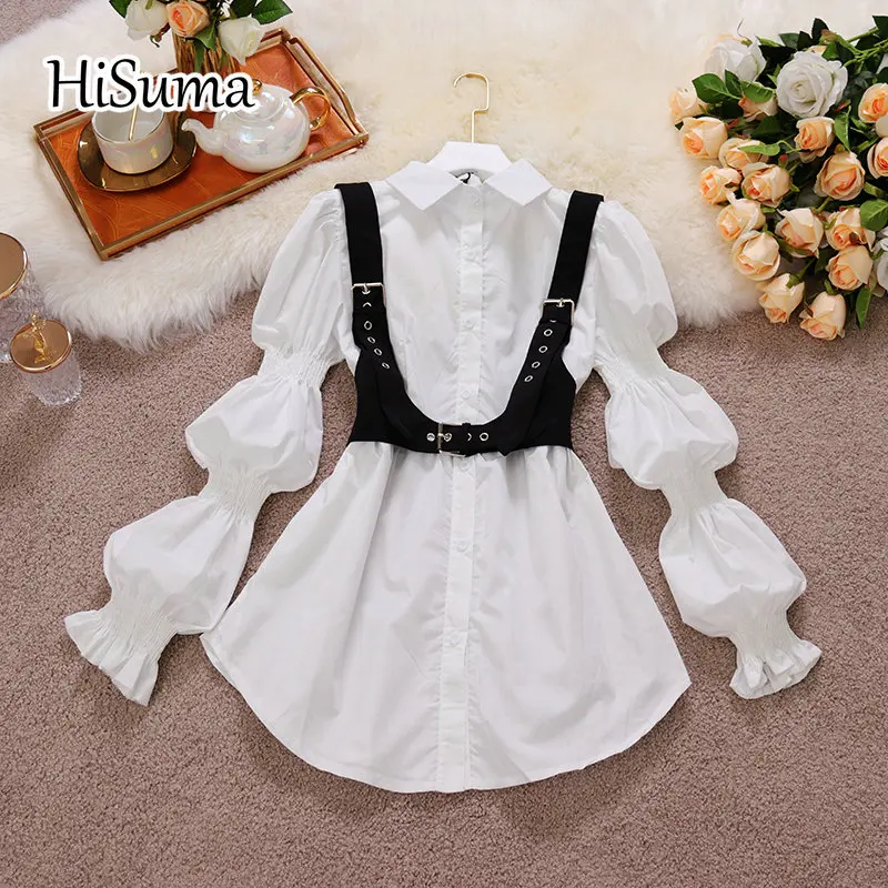 

Женский однобортный комплект из двух предметов, хлопковая рубашка с воротником-стойкой и пышными рукавами и черный жилет, весна 2021