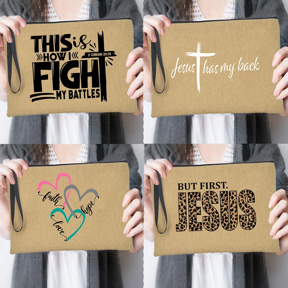 

Jesus Has My Back Women Linen Clutches Cases Bags Fashion Casual Makeup Pouch Handbag Travel Lipstick Storage Christian Gifts