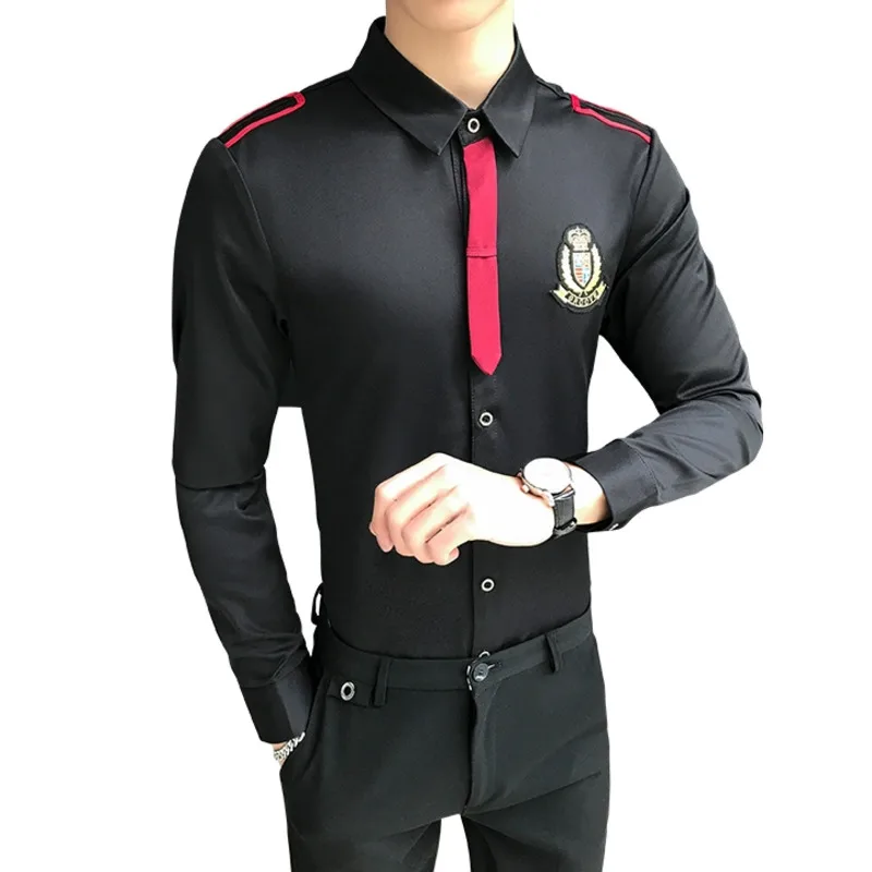 

Men's Long-sleeved Shirt Bar Nightclub Hair Stylist Bow Tie Work Shirt Male Shirt Slim Fit Black White Clothing Mens Dress Shirt