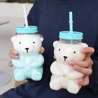 creative heat resistant clear glass juice milk water cup kids sippy cup with straw cartoon cute tulip bear water bottle