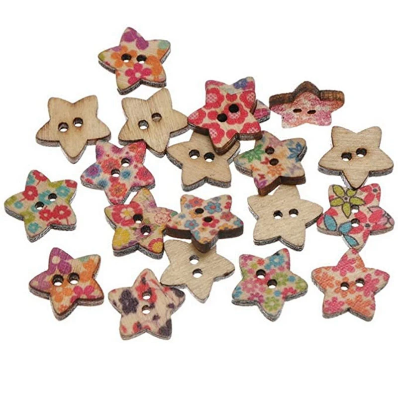 25 штук деревянных пуговиц в форме пятиконечной звезды для шитья, декора одежды, рукоделия и детского творчества, 25 мм.