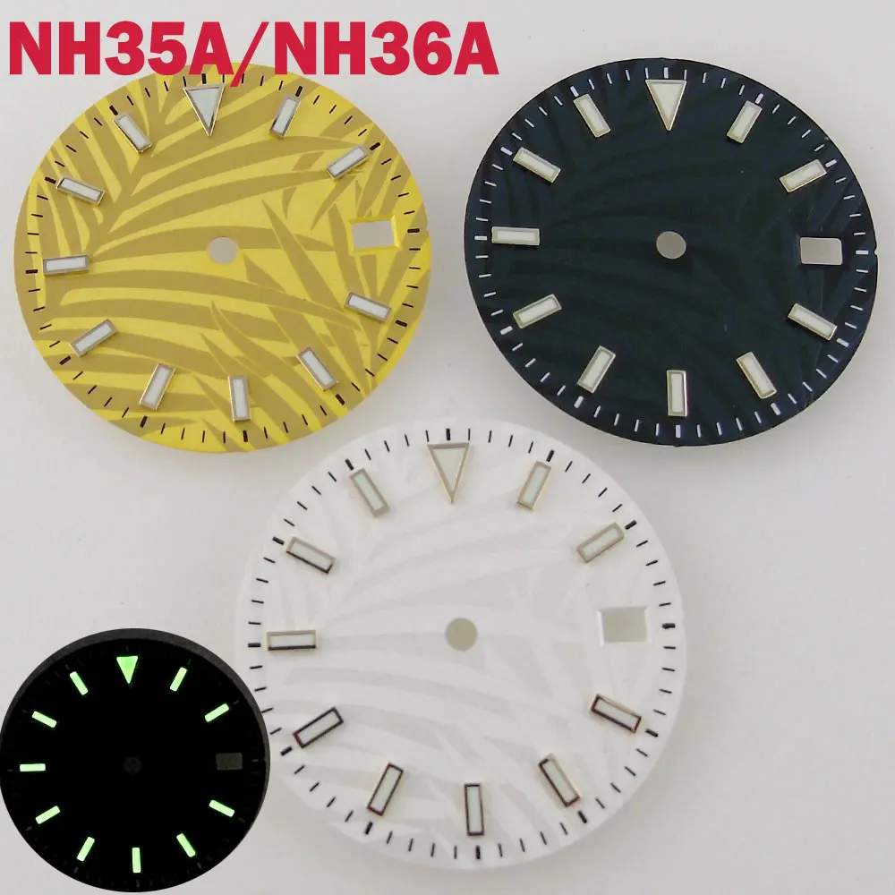 

29mm Lume Watch Dial Watches Face Fit For NH35/NH35A Movement Date Window Leaf Design Black/Yellow/White Color