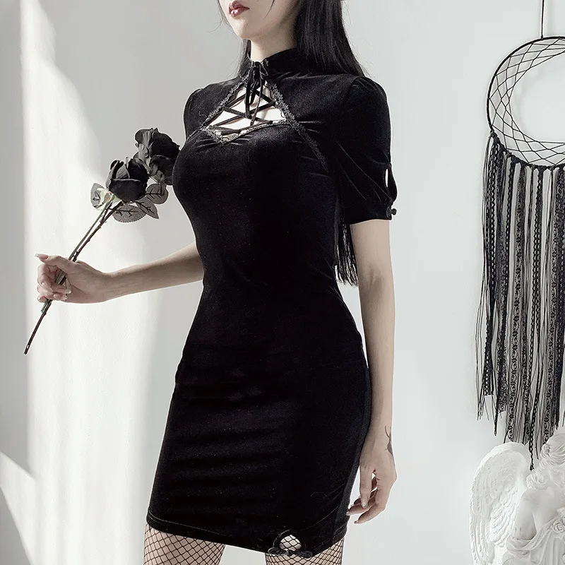 

Dark Sexy Modified Cheongsam Dress Female Gothic Lace Up Suede High Waist Slim Black Dress Costumes
