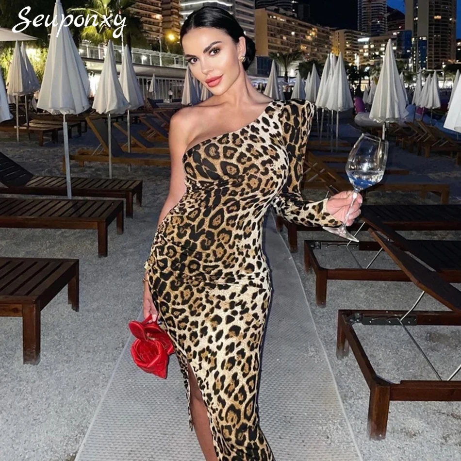 

High Quality Leopard Print 2021 Summer Sexy One-Shoulder Long-Sleeved Dress Women'S Bodycon Celebrity Club Party Dress Vestidos