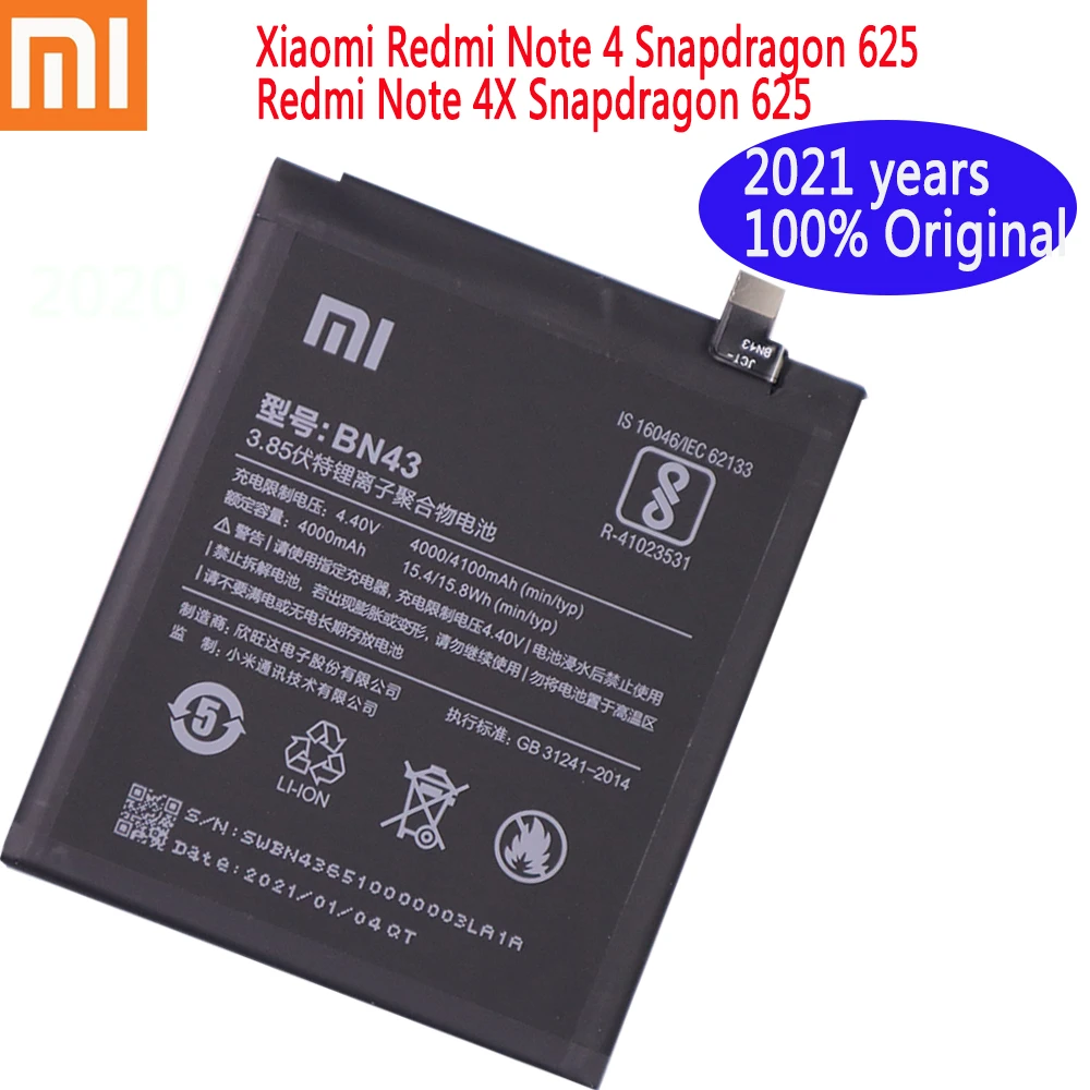 

Оригинальный аккумулятор BN43 для xiaomi Redmi Note 4X Note 4 global Snapdragon 2021, 4000 года, 100% мАч, 625, аккумулятор для телефона
