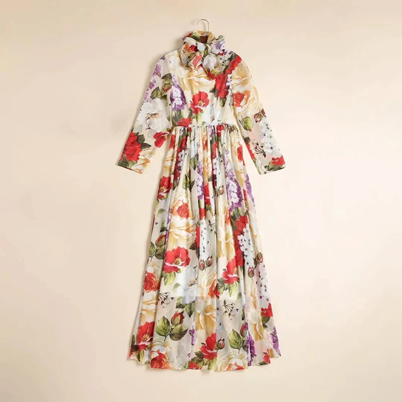 

European Runway Maxi Long Holiday Dresses Women's Full Sleeves Charming Flower Printed Resort Festa Vestidos Robe