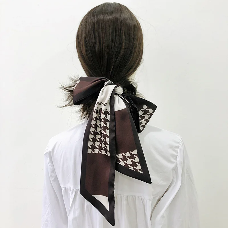 

Luxury Striped Print Silk Hair Scarf for Women Double Layer Small Bandanas Female Spring Narrow Long Scarfs Hair Accessories