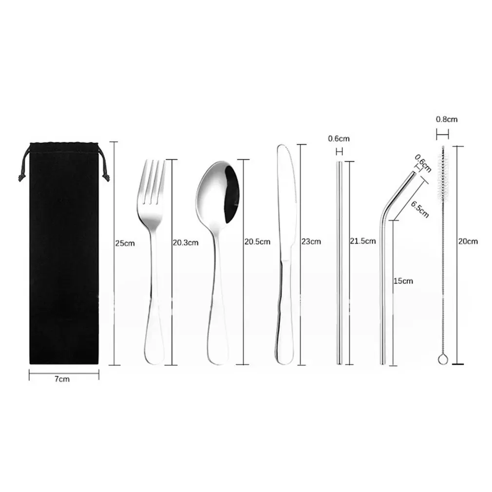 

6pcs Stainless Steel Dinnerware Set Spoon Fork Chopsticks Straw With Cloth Pack For Travel Outdoor Office Picnic BBQ