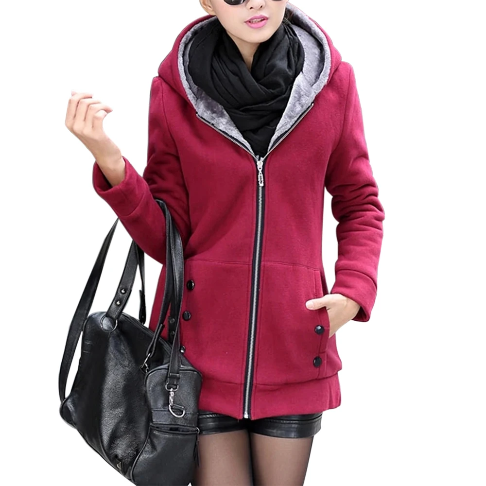 wine red vertvie winter jacket women solid hooded thick fleece casual jacket female fashion slim plus size coats streetwear jackets Mujer - Color: wine red
