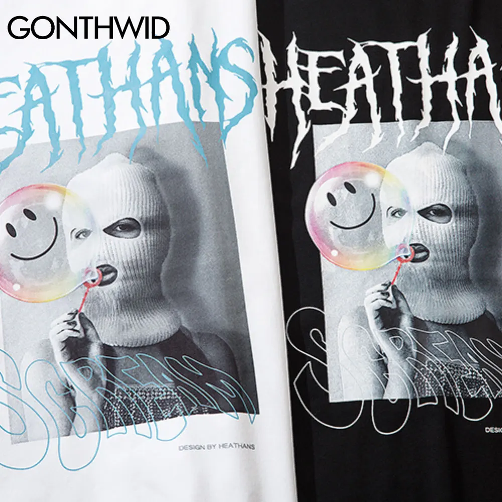 

GONTHWID Tees Shirts Hip Hop Bubble Smile Face Poster Print Short Sleeve Tshirts Streetwear Summer Harajuku Casual Cotton Tops