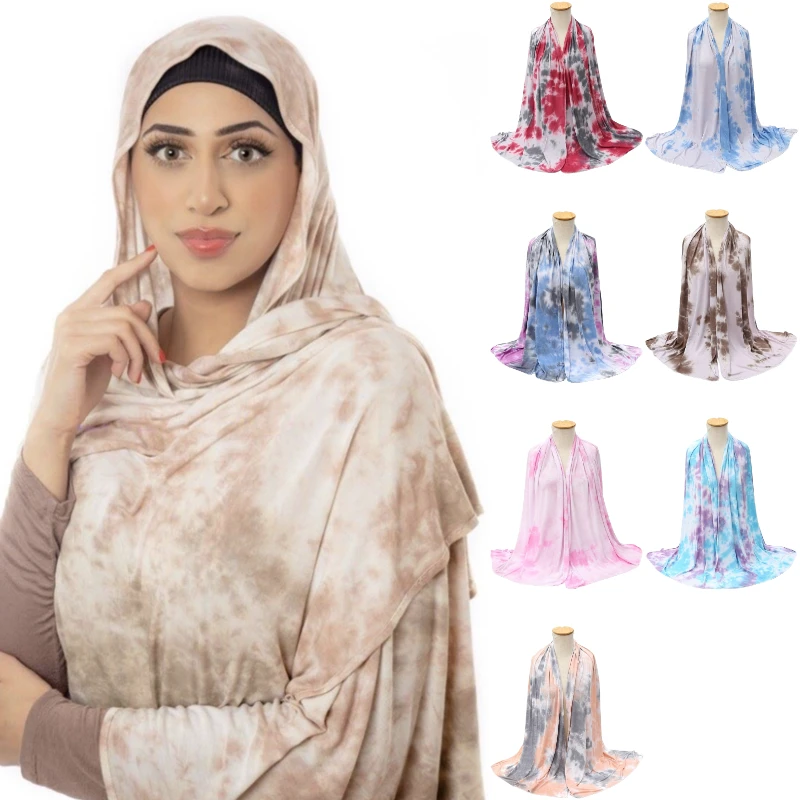 

Tie Dye Print Hijab Modal Islamic Scarf Elastic Stretchy Headscarf Shawl Women Mercerized Cotton Jersey Muslim Hijabs Head Wrap