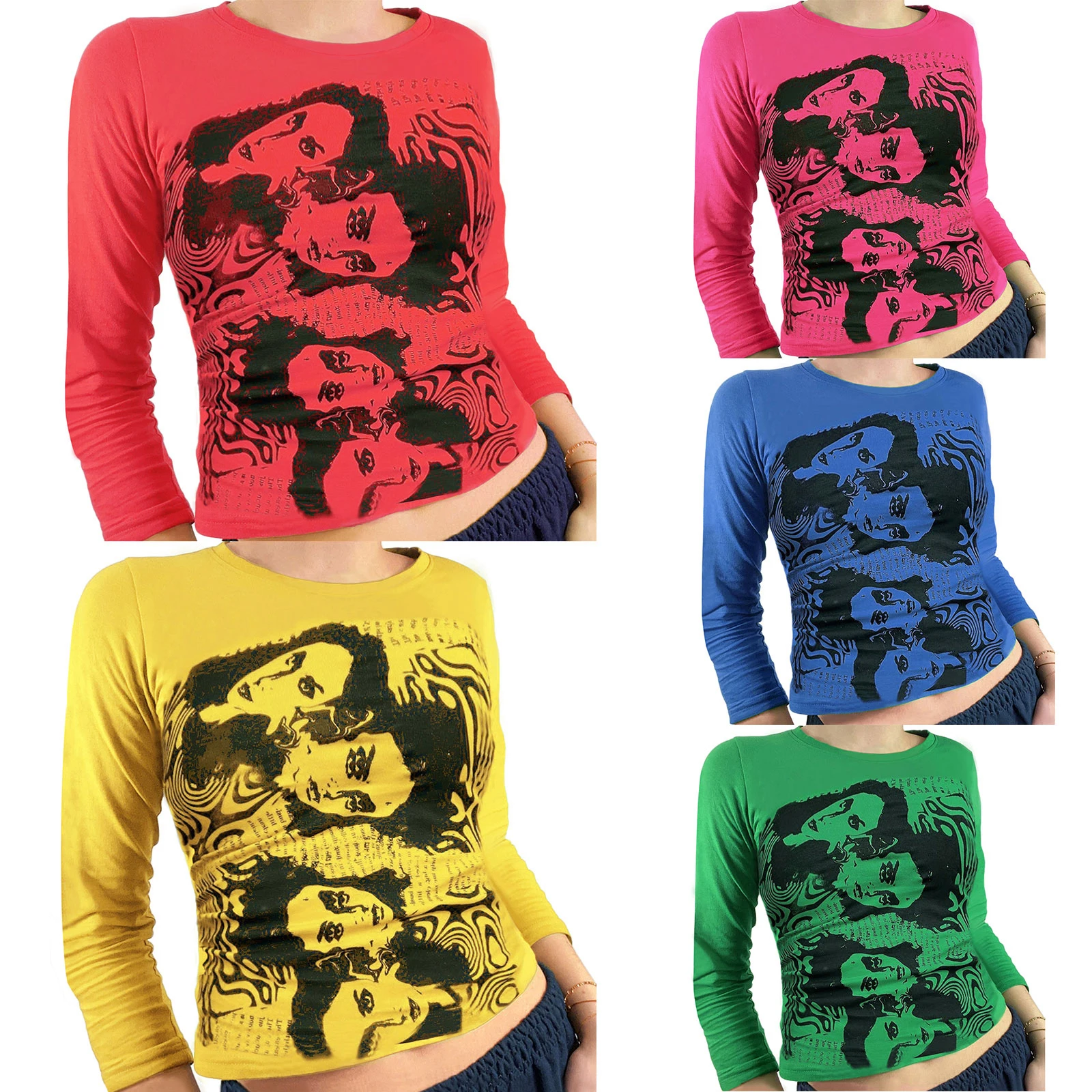 

Autumn Women Portrait Print Polyester Tops Stylish Long Sleeve Crew Neck Slim Fit Letter T-Shirts
