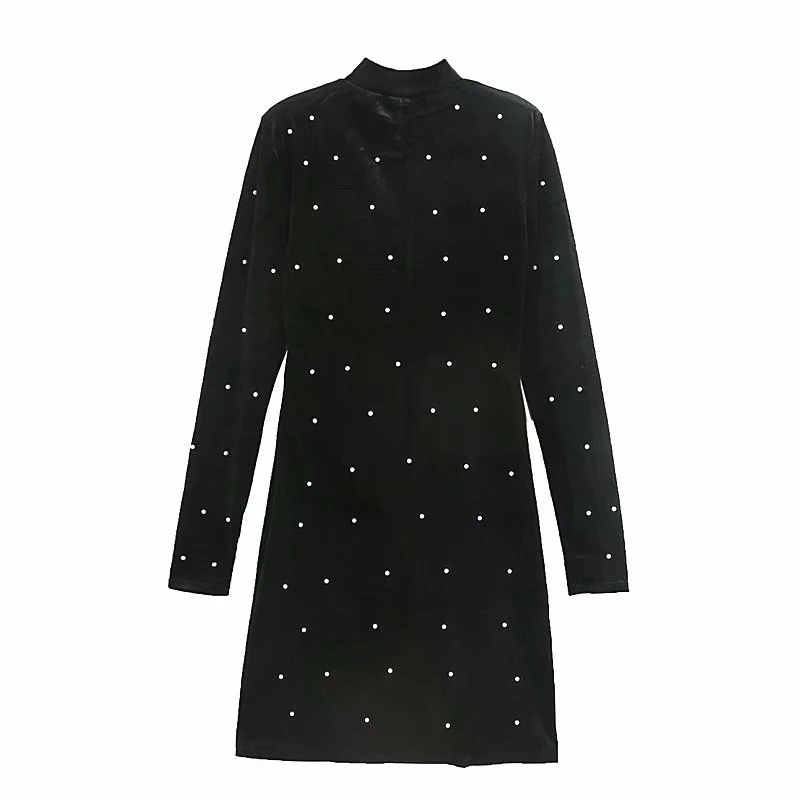 Женское бархатное платье миди za с длинным рукавом и искусственным жемчугом зима