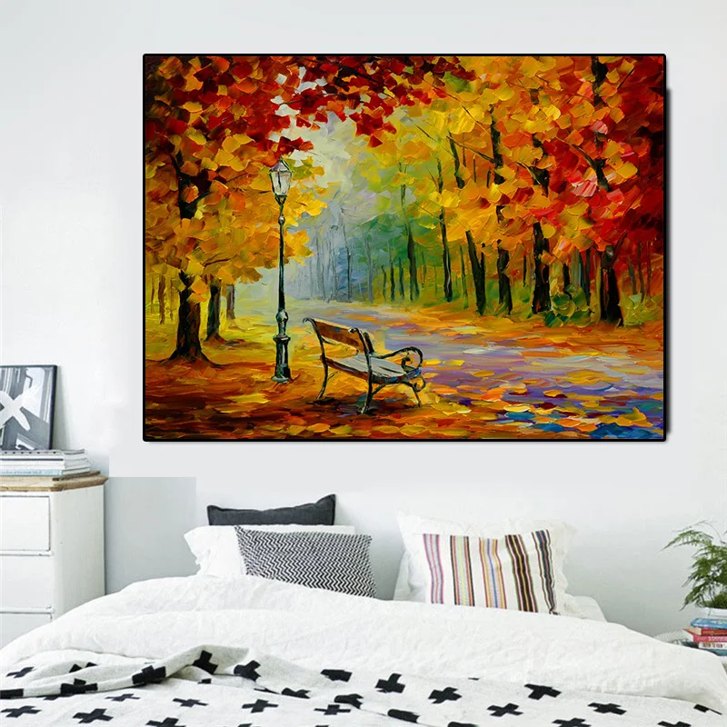 Красочные листья любовник дождь уличное дерево лампа пейзаж картина маслом на