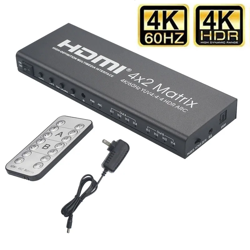 

Матрица 4K 60 Гц, HDMI 2,0, матрица 4x2, HDMI переключатель, 4 в 2 выхода, сплиттер 3D YUV 4:4:4 HDR ARC, видеоконвертер для PS3, PS4, ноутбуков, ПК, ТВ