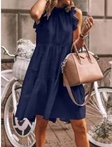 

Женское Короткое платье без рукавов, повседневное однотонное платье свободного покроя с оборками, пляжный сарафан для отдыха, лето 2021