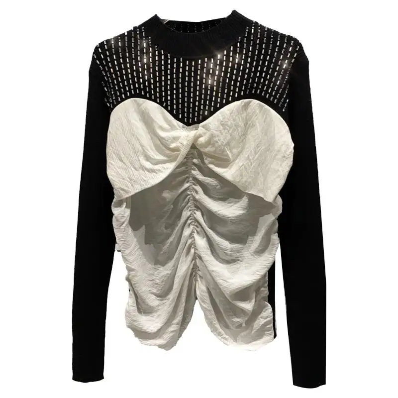 

2020 Autumn Winter Women New Fashion Round Neck Long Sleeve Diamond Pleated Bowknot Bra Stitching Knitted Shirt Sweaters