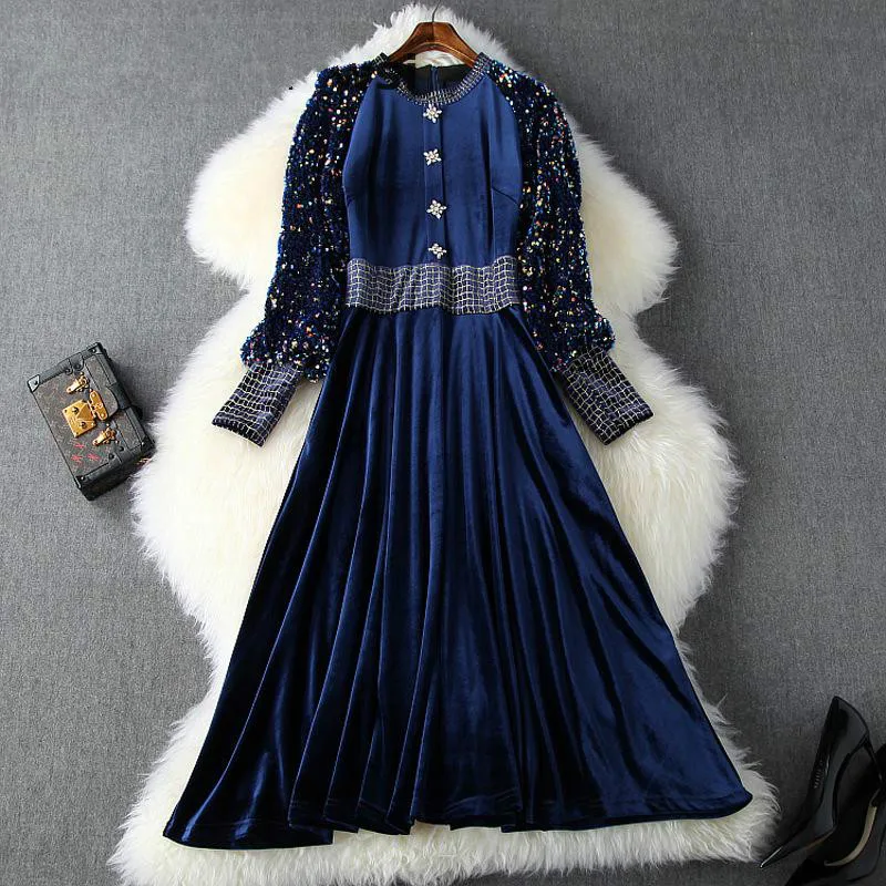 

Winter High End Pleuche Dresses Diamonds Buttons O-Neck Sequins Lantern Sleeve Women's Party Night Elegant Dresses