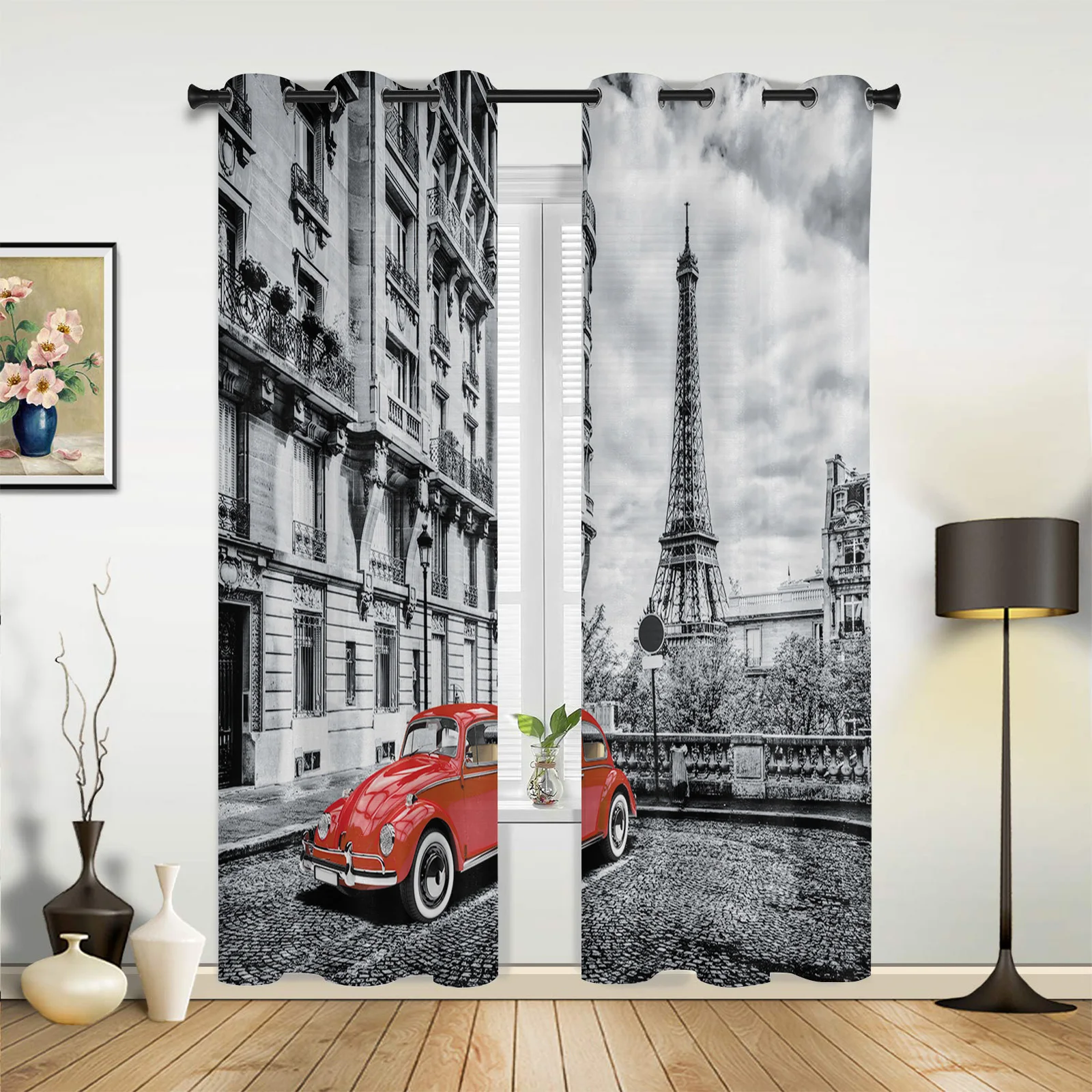 Красные винтажные автомобили Парижская башня уличные окна шторы для гостиной