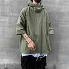 Тонкая летняя крутая модная мужская футболка с капюшоном и коротким рукавом, свободная одежда для подростков, армейский зеленый оверсайз, уличная одежда в стиле хип-хоп и панк