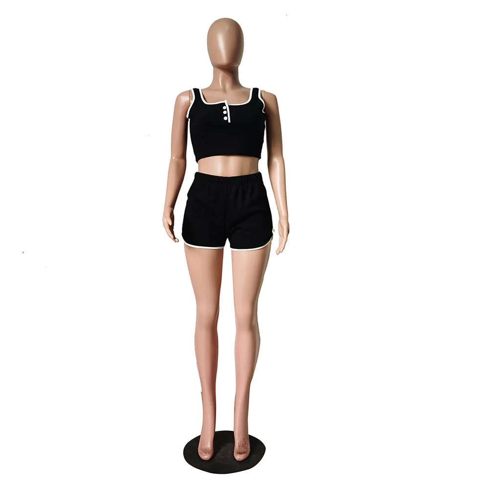 

Pit Strip Two-Piece 2021 New Large Size Solid Color Womens Vest Top And Shorts Matching Button Fashion Casual Sports Shorts Suit