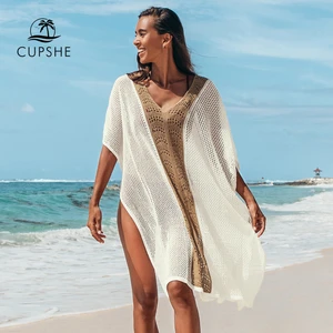 cupshe beige mesh square cover up woman swimsuit sexy side split kaftan tunic beach mini dress 2021 summer beachwear dress free global shipping