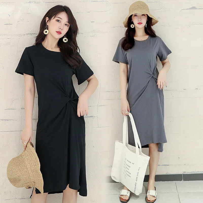 

2021 New Fashion Female Solid Color Dress Short Sleeve Plus Size Loose Casual Women Dresses Show Thin Midi Dress Vestidos