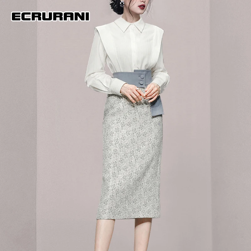 

ECRURANI Patchwork Casual Two Piece Set For Female Lapel Long Sleeve Shirts High Waist Slim Midi Skirts Women's 2021 Skirt Suits