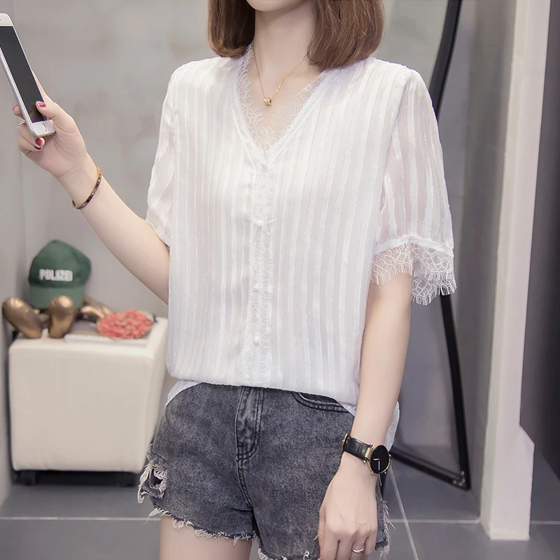 

4XL Plus Size Summer Elegant Women Blouses 2021 Shirt Short Sleeves V-Neck Lace Patchwork Striped Shirts Womens Casual Tops