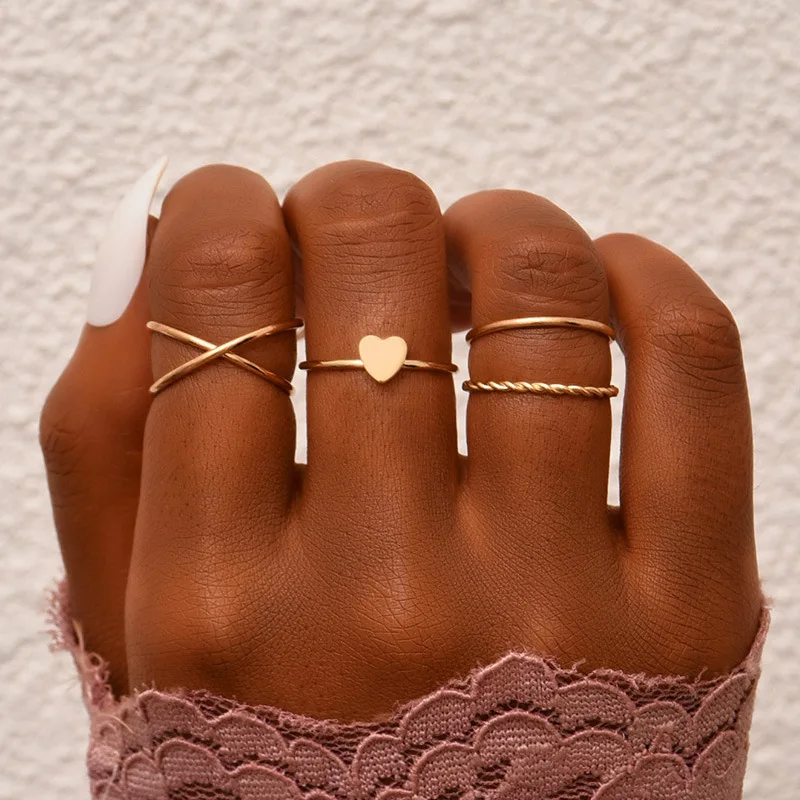 

1Set/4pcs Female Jewelry Fashion Design Vintage Gold Color Geometry Heart Rings Set For Women Cross Twist Open Ring Joint M07