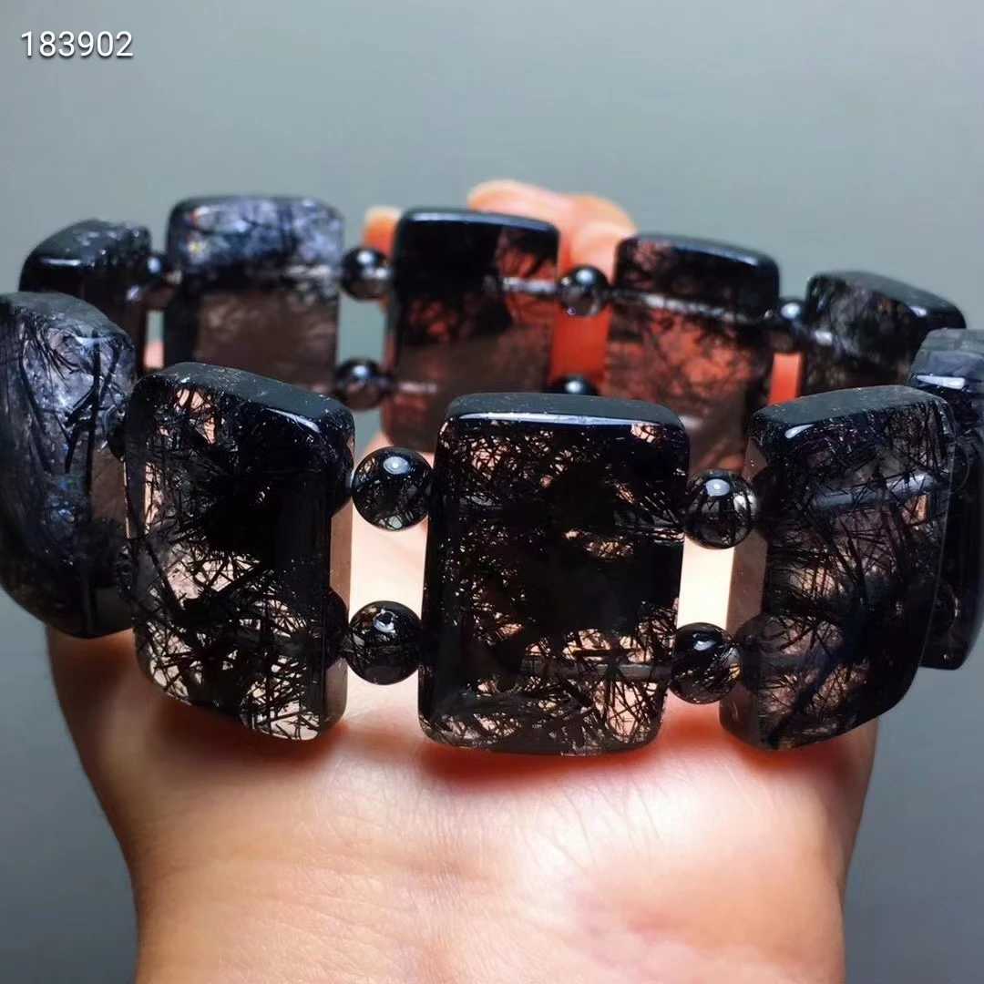 

Genuine Natural Black Rutilated Quartz Gemstone Bracelet 25x17.5x7mm Women Men Brazil Rectangle Beads Wealthy Stone AAAAA