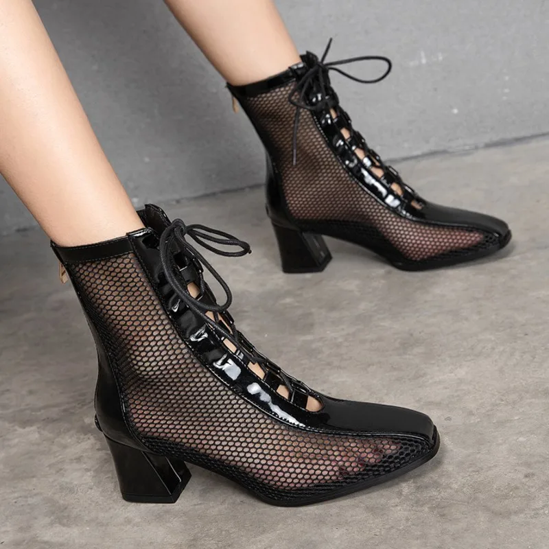 2021 New mesh lace ankle summer boots for women straps gladiator style ladies High heels sandals zip Hollow 32 33 43 | Обувь