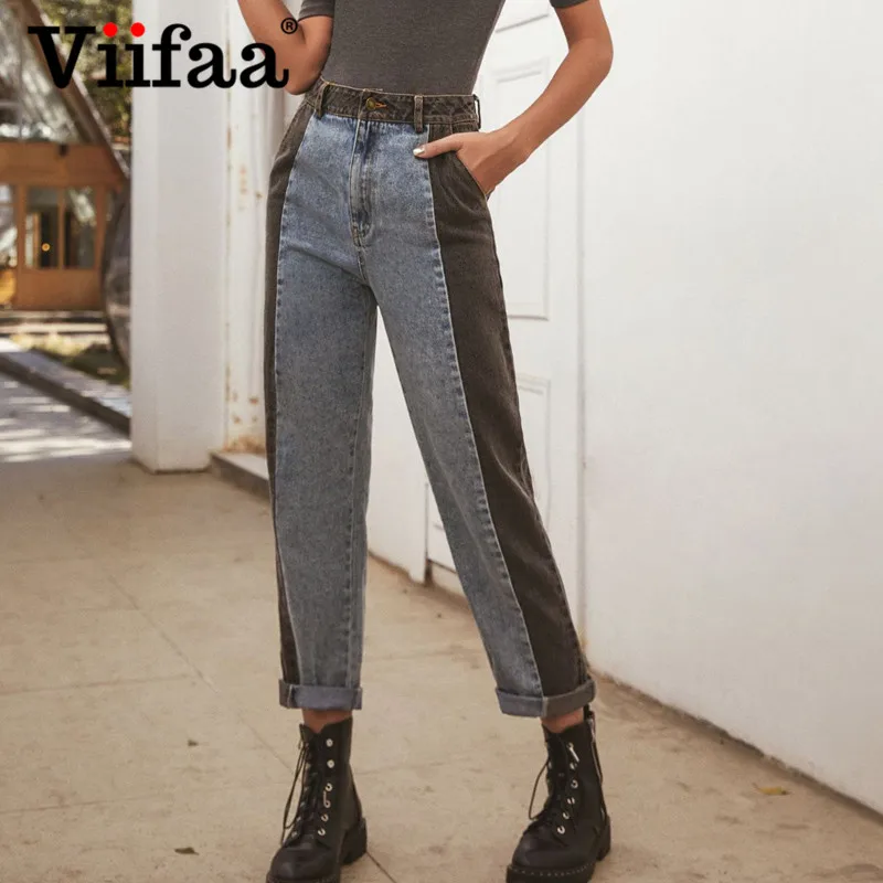 

Viifaa Blue and Black Two Tone High Waist Straight Jeans Slant Pocket 2020 Women Fashion Denim Pants Casual Jeans