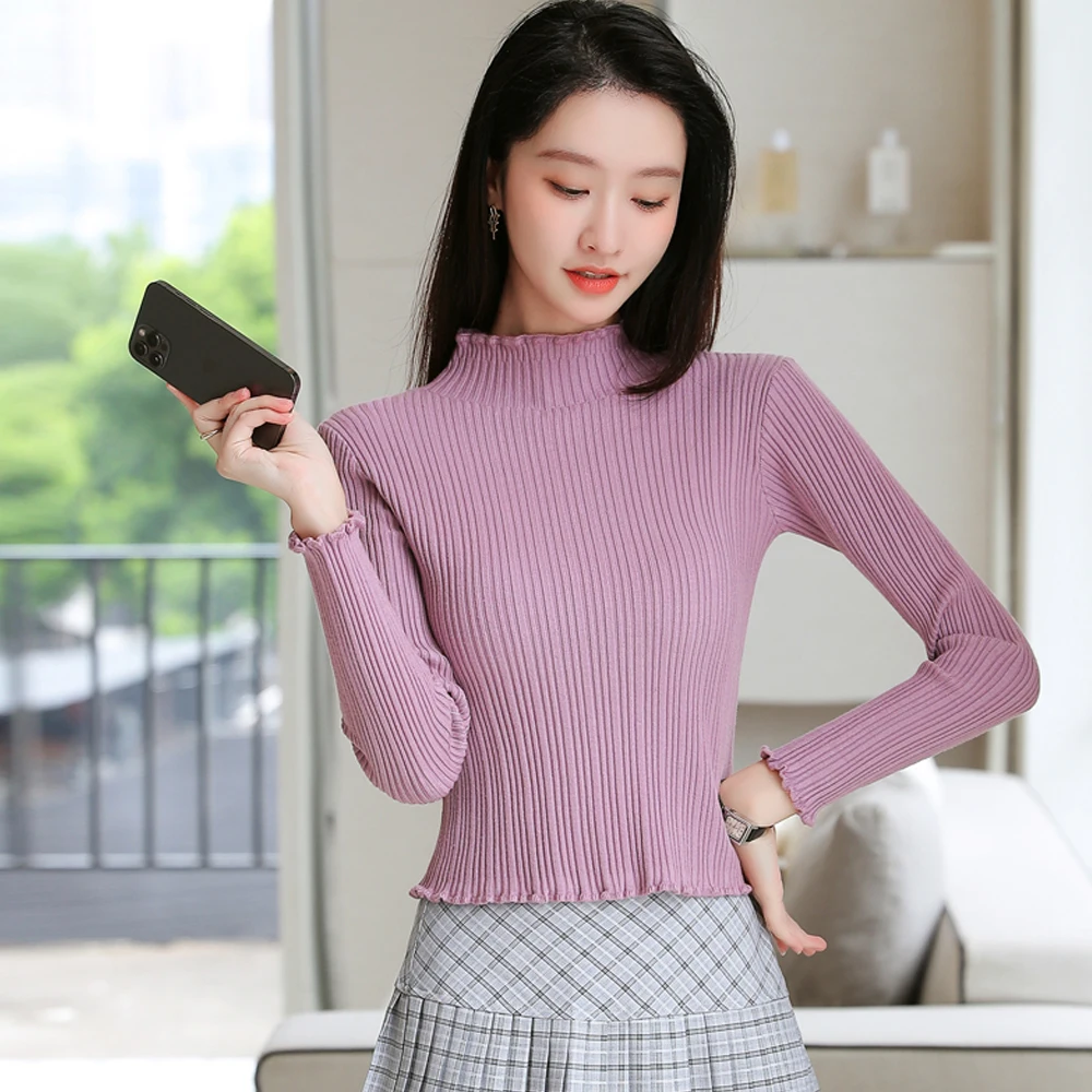 

2021 модная осенне-зимняя женская однотонная облегающая короткая трикотажная водолазка с длинным рукавом Женские повседневные топы