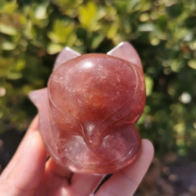 

50mm Natural strawberry Carved quartz Crystal Animal Figurines Fox Statue