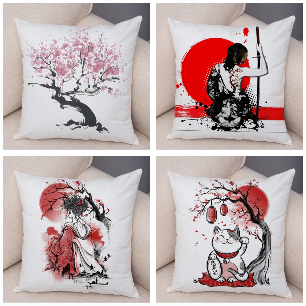 45x45 см чехлы для подушек с чернилами в японском стиле Декор красивый пейзаж кошка