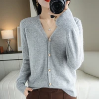spring autumn new pearl clasp v neck knitted cardigan womens sweater loose large size thin all match jacket pure color basic