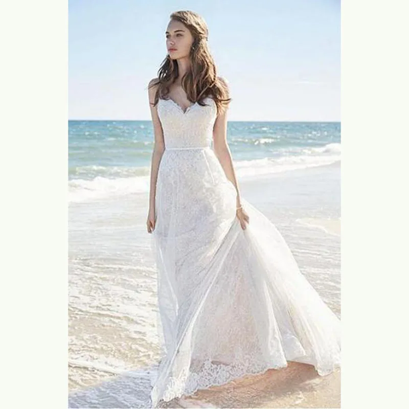 

Latest Glamorous Beach Lace Sleeveless Bridal Wedding Dresses Open Back Spaghetti Straps Wedding Gowns for Bride Court Train