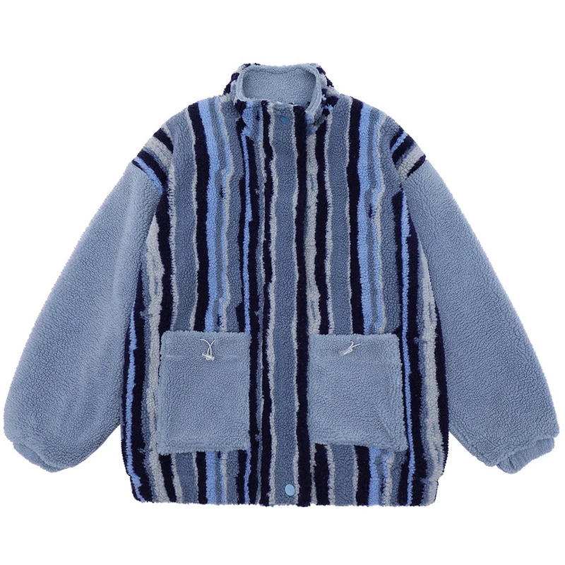 

Men Striped Printed Padded Jackets Harajuku Fleece Thick Warm Parka Coats Unisex Oversized Couple Lamb Wool Patchwork Jackets