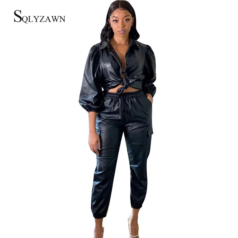 

Gothic PU Faux Leather Black Two Piece Set Female Lantern Sleeve Tops and Pants Streetwear Matching Jogger Suit Outfit Plus Size