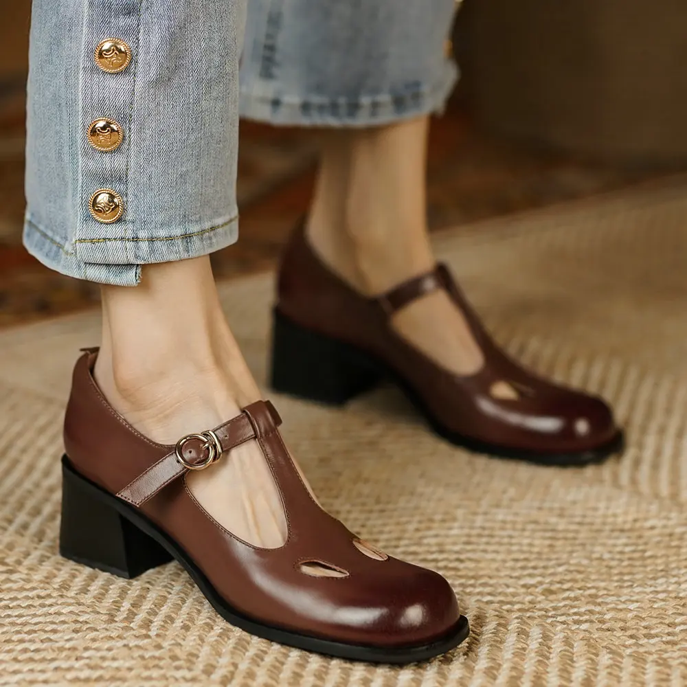 

EshtonShero Women Shoes Pumps Genuine Leather Buckle Casual Round Toe Mary Janes Fashion Shoes T-strap Spring Ladies Feetwear