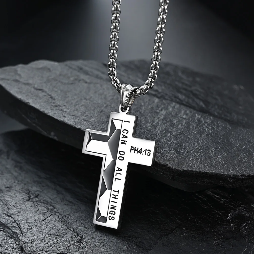 

Men's Necklace Christian Jesus Cross Philippians 4:13 Crucifix Pendant Scripture Religious Necklaces for Men 24Inch