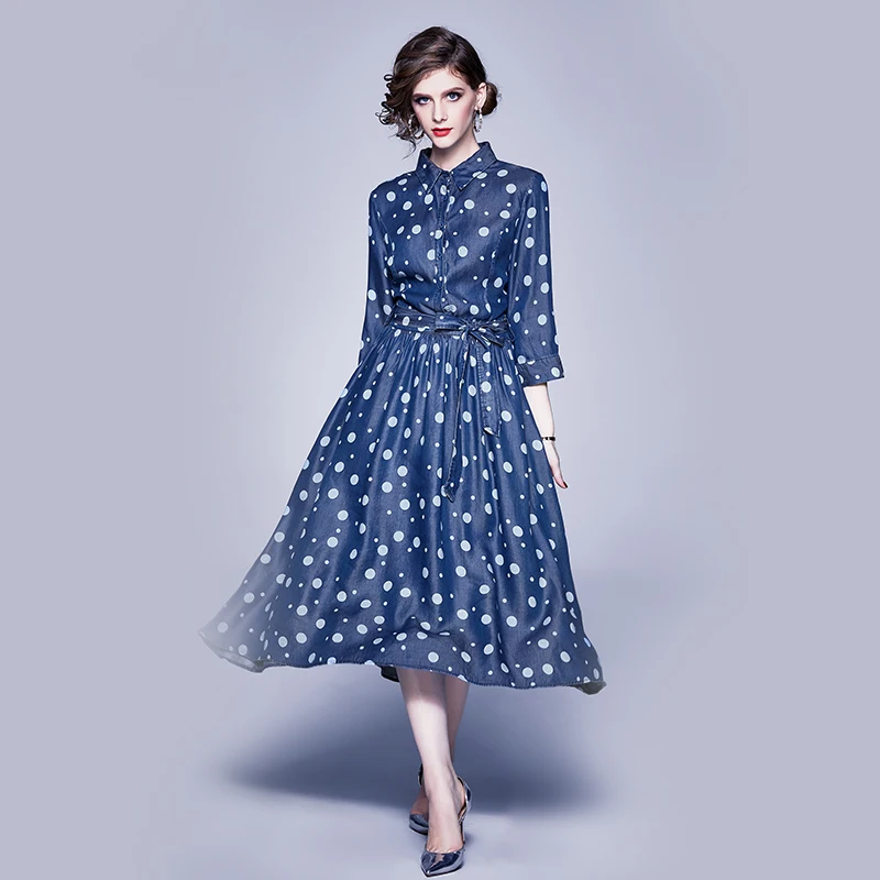 

Simgent Polka Dot Denim Dress Women Autumn A Line Print Single Breasted Elegant Midi Flared Blouse Dresses Vestidos SG17292