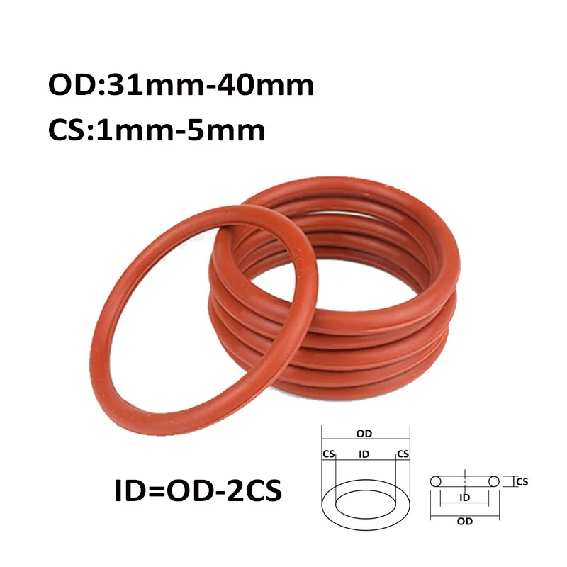 

Red Silicone Rubber O-Ring Thickness 1/1.5/2/2.4/3/3.5/4/5mm OD 31-40mm Sealing Ring Heat Resistance O Ring Seals Gaskets
