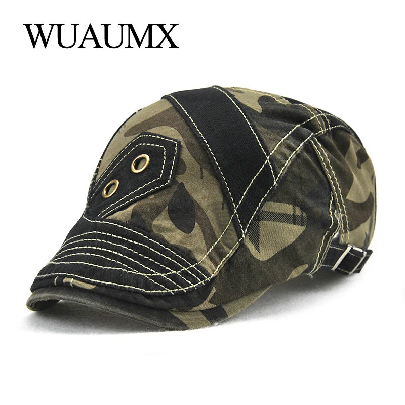 

Casual Camouflage Beret Hats For Men Cotton Visor Painter Flat Peaked Herringbone Cap Women Hip Hop Duckbill Hat Adjustable
