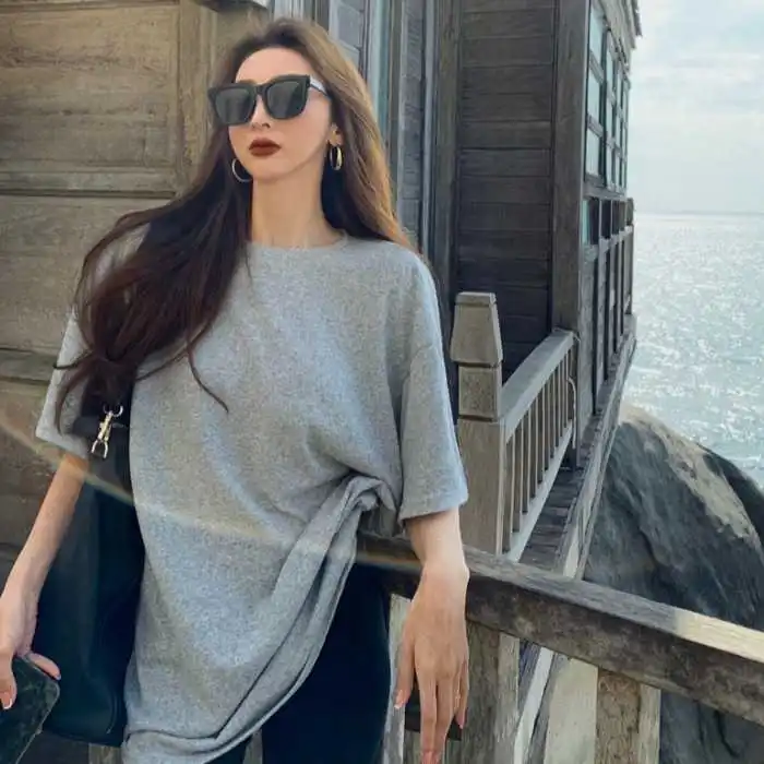 

Spring and Summer 2021 Fashion Women's Wear New Chic Versatile Loose Slimming round Neck Pullover Mid-Length Short Sleeve