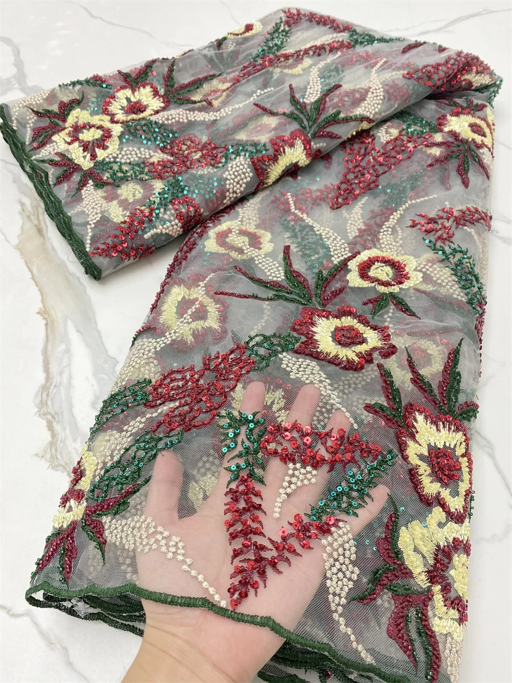 

Nigerian Net Lace Fabrics with Beads High Quality French Tulle Lace Materials African Handmade Beads Lace Fabric NI5493