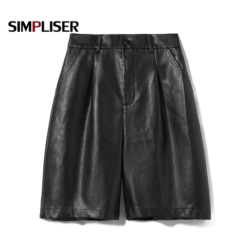 Женские широкие брюки из искусственной кожи капри до колен свободные с высокой