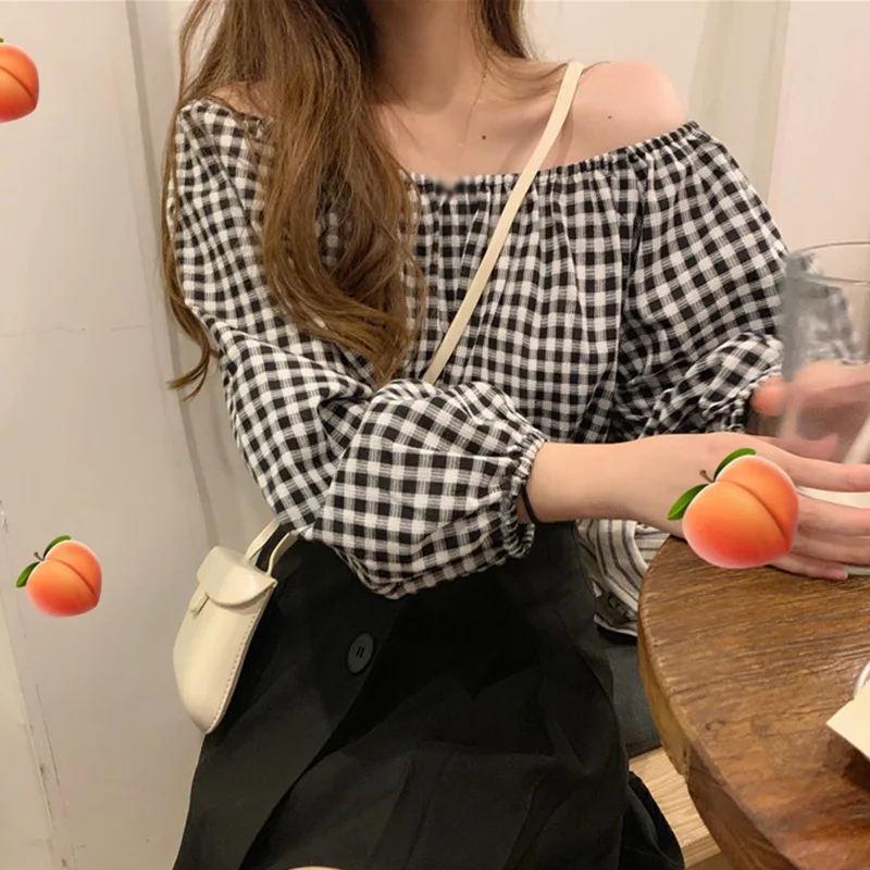 

Женская шифоновая блузка в клетку, с открытыми плечами и длинным рукавом