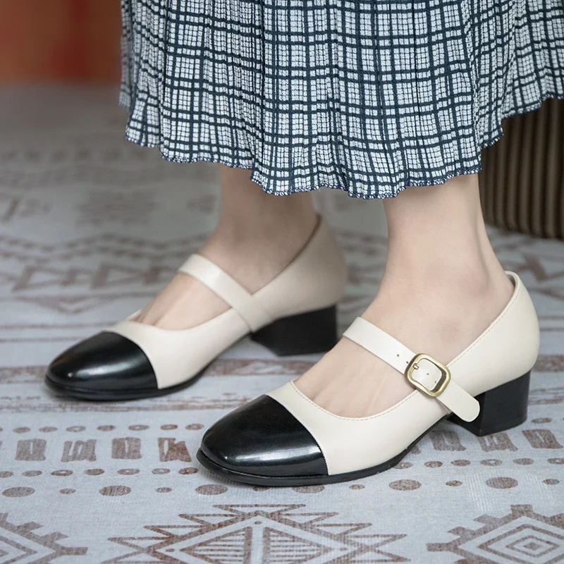 

2021 spring black vintage Mary Jane mid-heel high heels shallow mouth color matching thick heel walking commuter women's shoes
